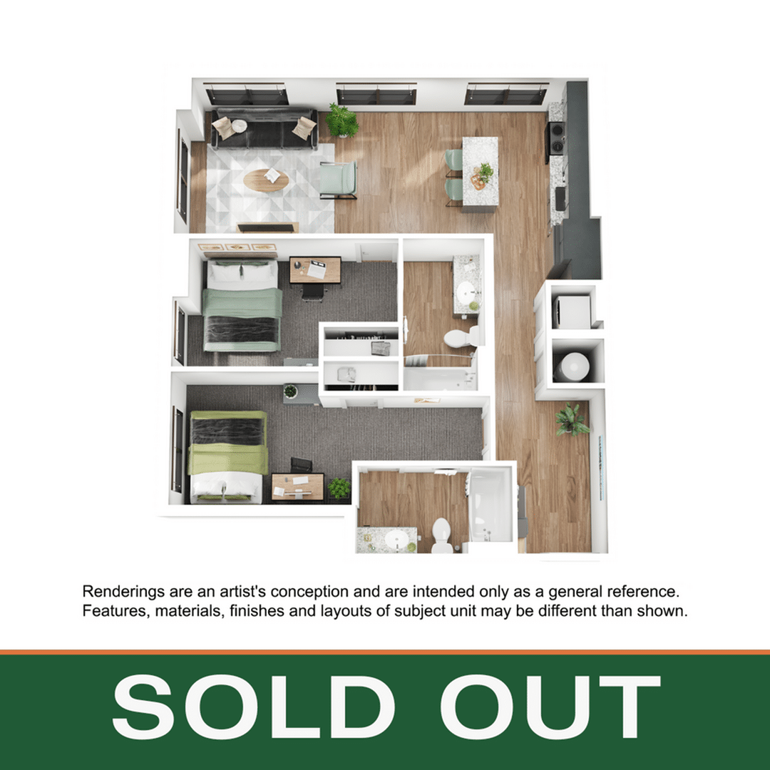 A 3D image of the 2BR/2BA – B2 floorplan, a 965 squarefoot, 2 bed / 2 bath unit