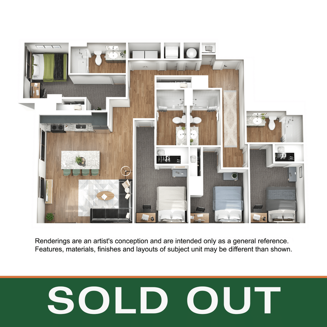 A 3D image of the 4BR/4BA – D4 floorplan, a 1546 squarefoot, 4 bed / 4 bath unit