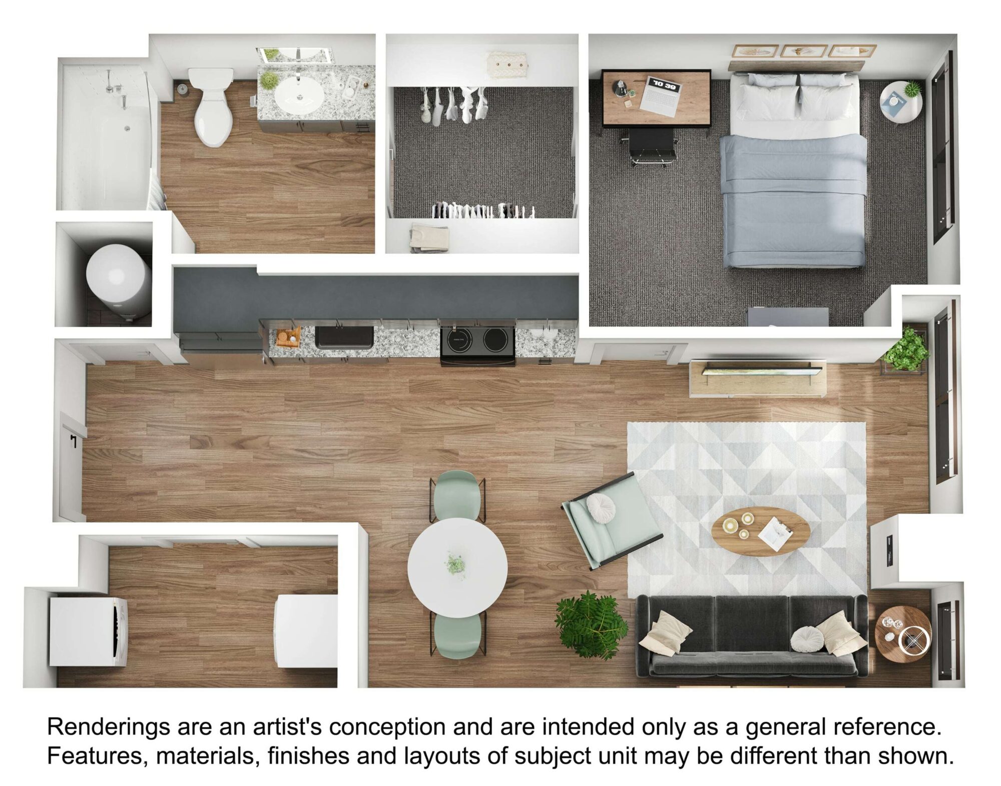 A 3D image of the 1BR/1BA – A2 floorplan, a 644 squarefoot, 1 bed / 1 bath unit