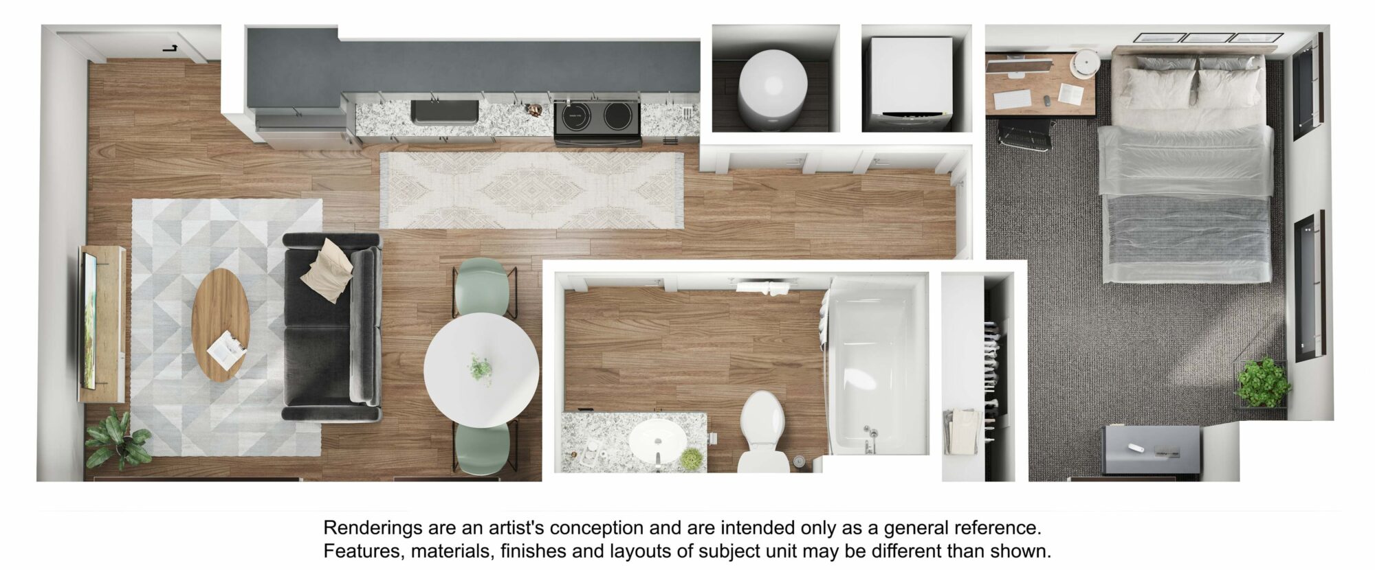 A 3D image of the 1BR/1BA – A3 floorplan, a 490 squarefoot, 1 bed / 1 bath unit