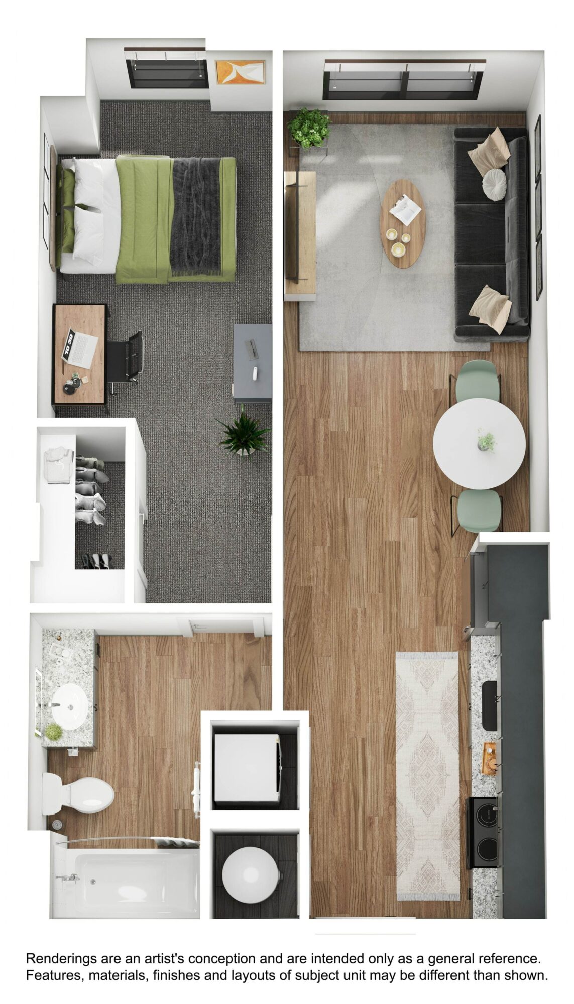 A 3D image of the 1BR/1BA – A4 floorplan, a 566 squarefoot, 1 bed / 1 bath unit