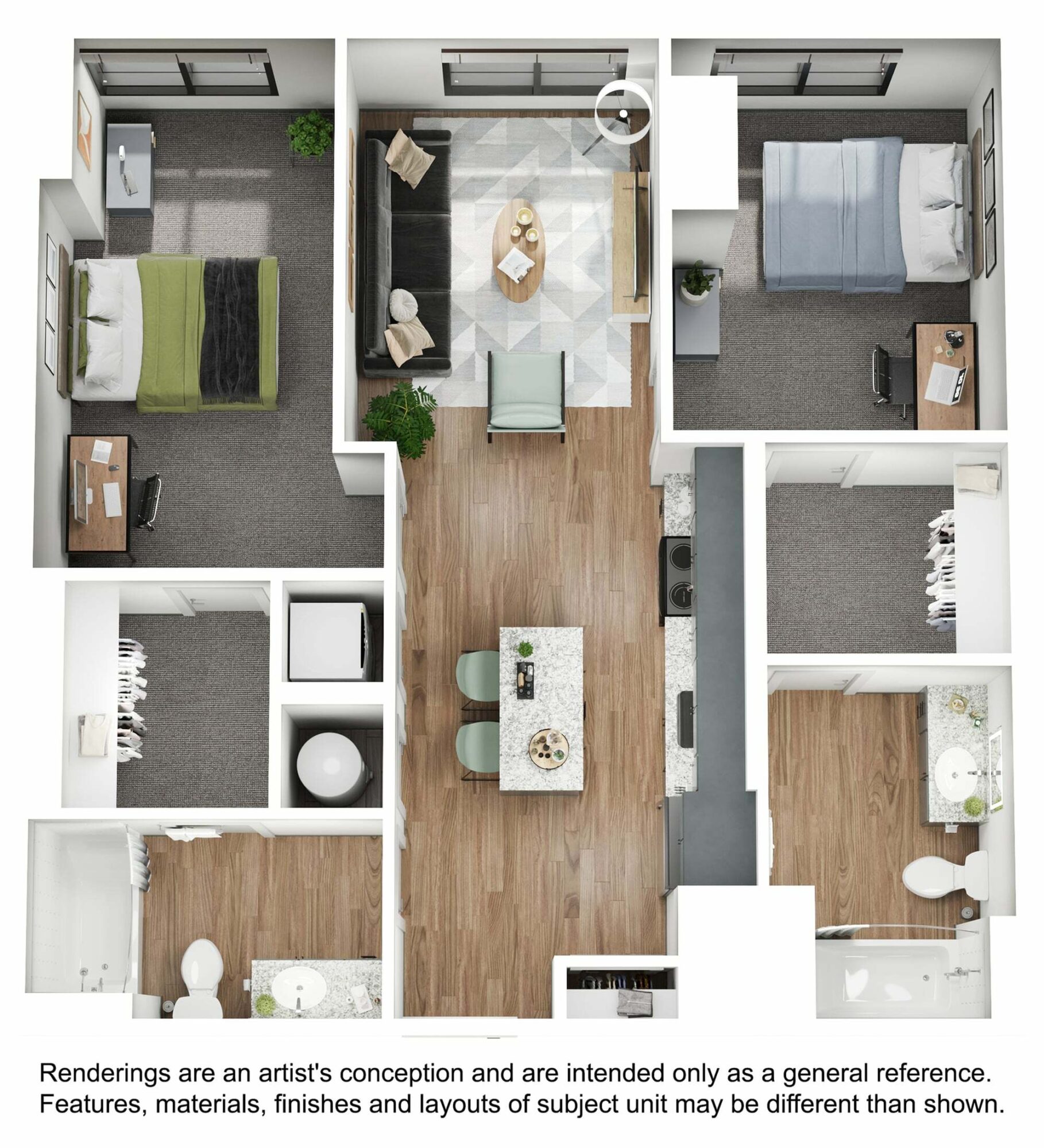 A 3D image of the 2BR/2BA – B1 floorplan, a 964 squarefoot, 2 bed / 2 bath unit