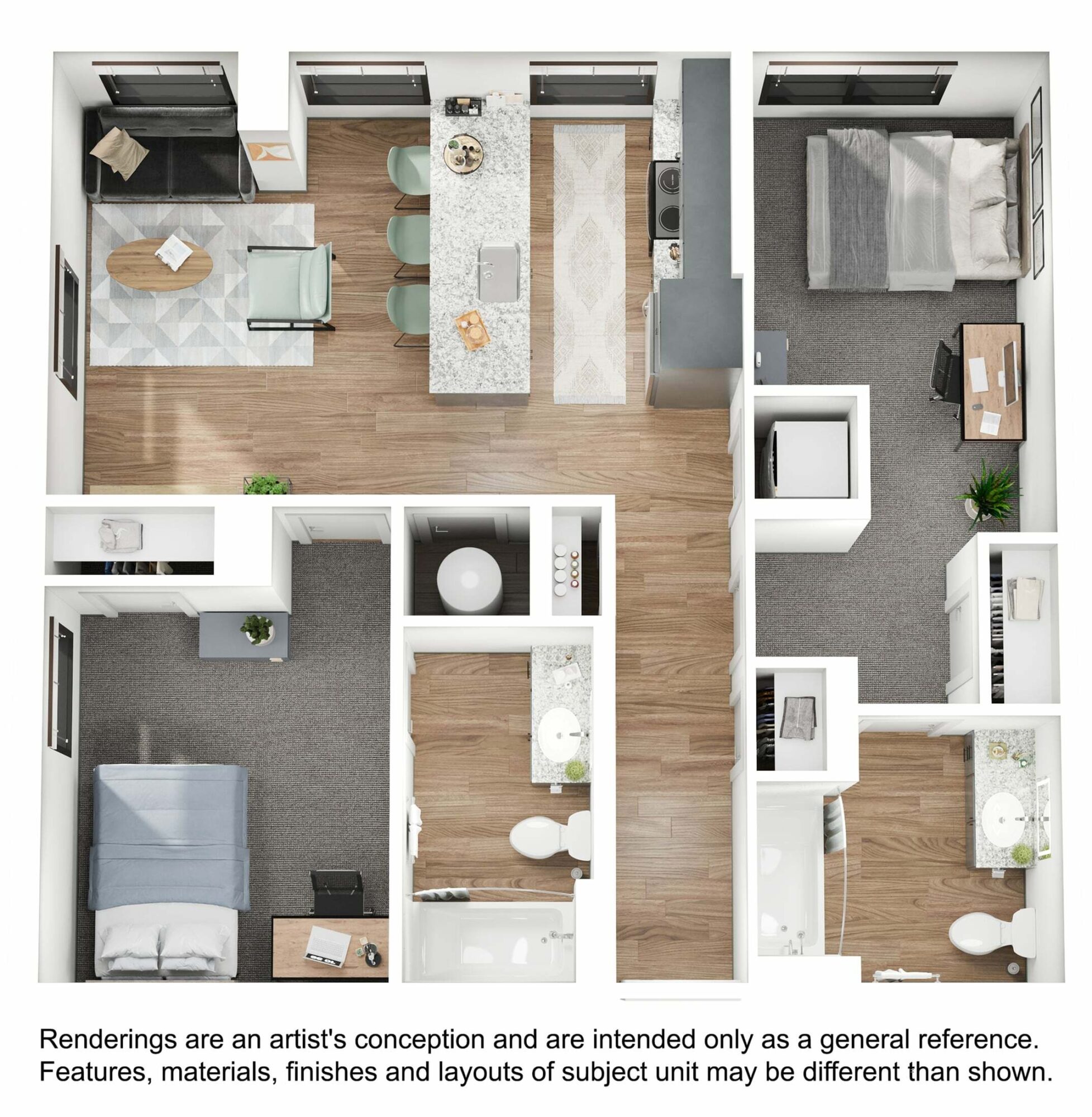 A 3D image of the 2BR/2BA – B3 floorplan, a 864 squarefoot, 2 bed / 2 bath unit