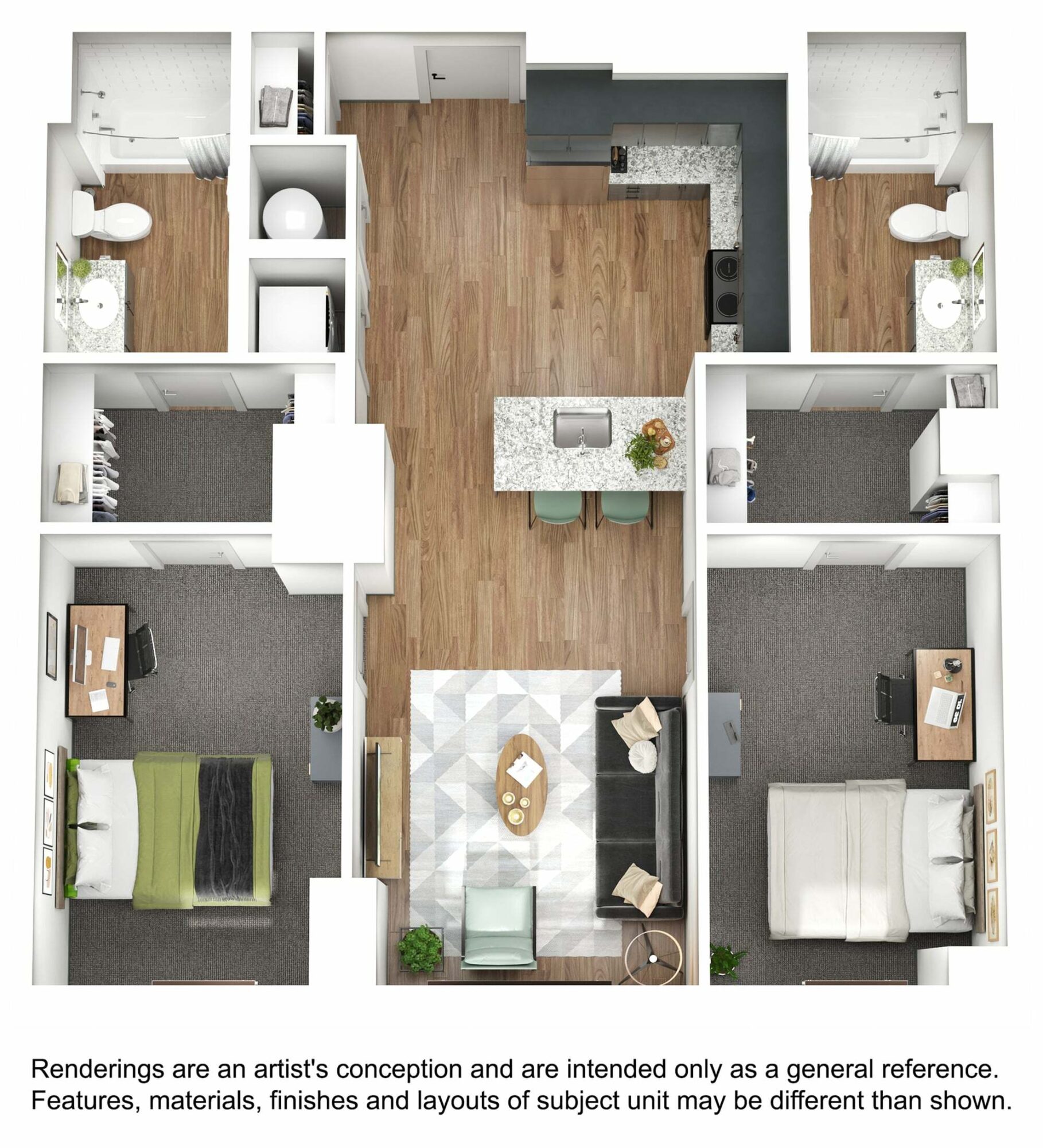 A 3D image of the 2BR/2BA – B4 floorplan, a 929 squarefoot, 2 bed / 2 bath unit