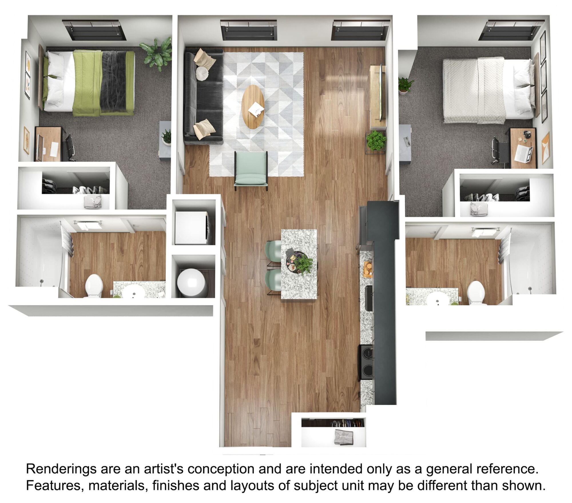 A 3D image of the 2BR/2BA – B5 floorplan, a 900 squarefoot, 2 bed / 2 bath unit