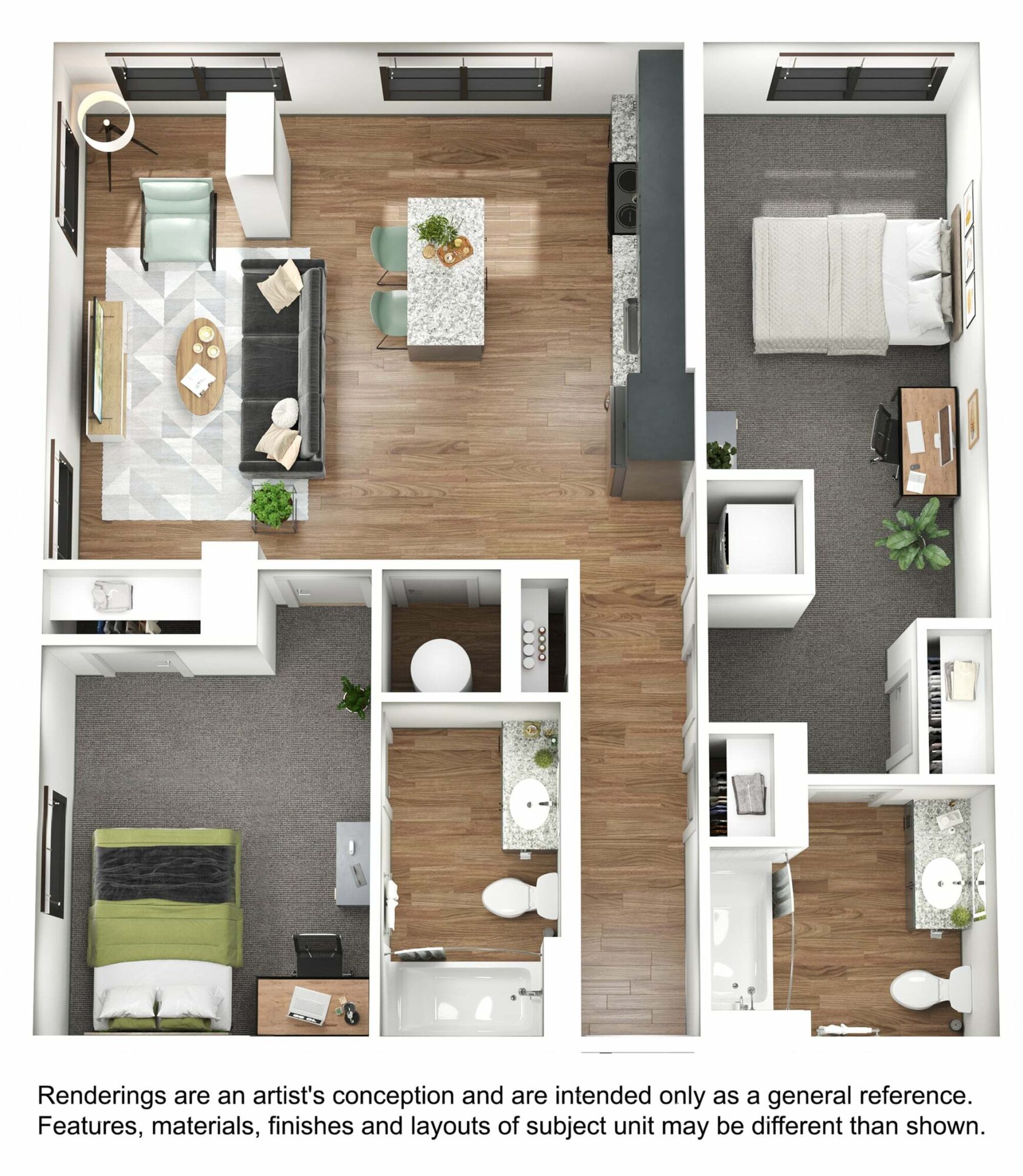 A 3D image of the 2BR/2BA – B6 floorplan, a 986 squarefoot, 2 bed / 2 bath unit