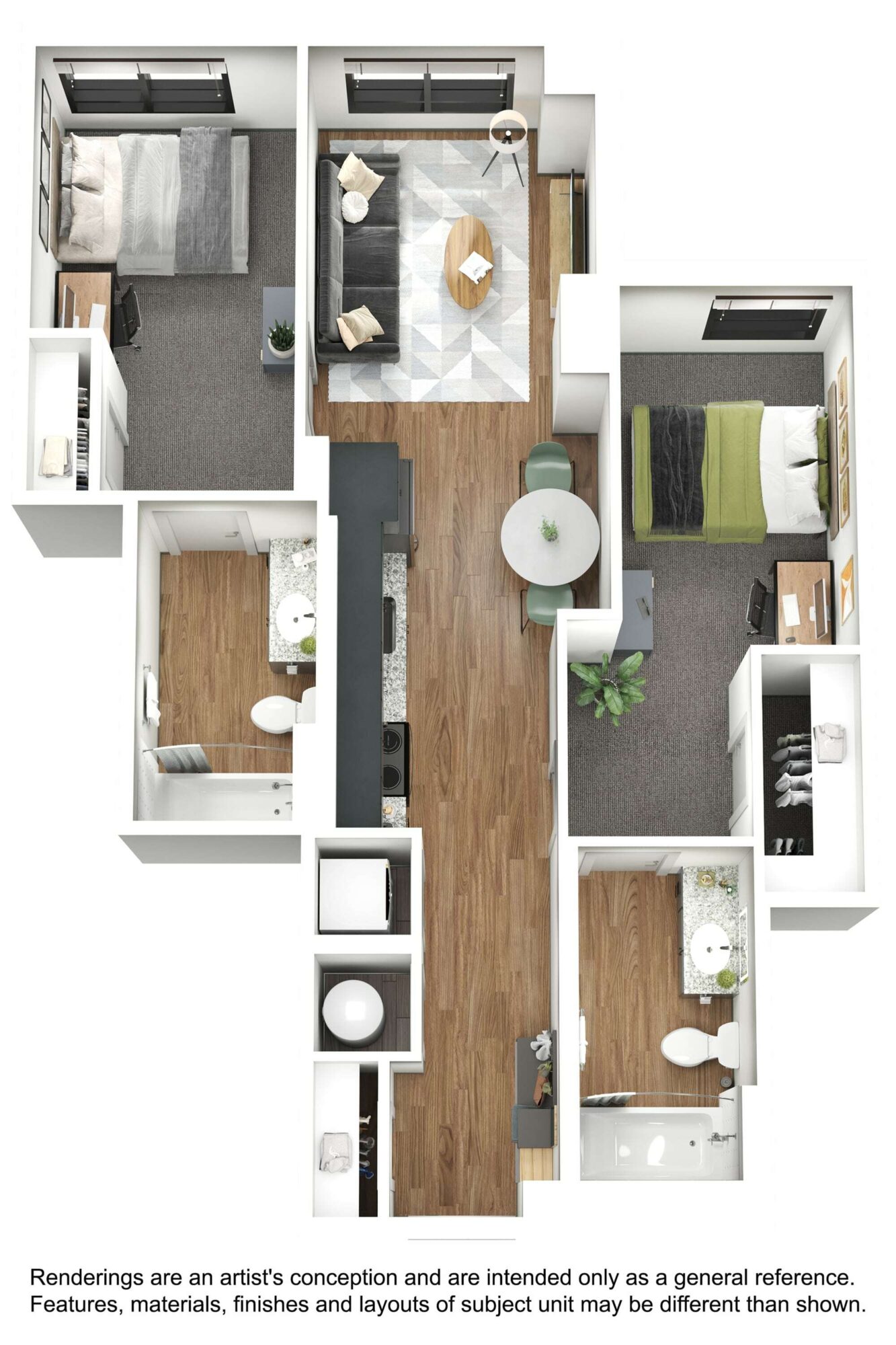 A 3D image of the 2BR/2BA – B7 floorplan, a 799 squarefoot, 2 bed / 2 bath unit