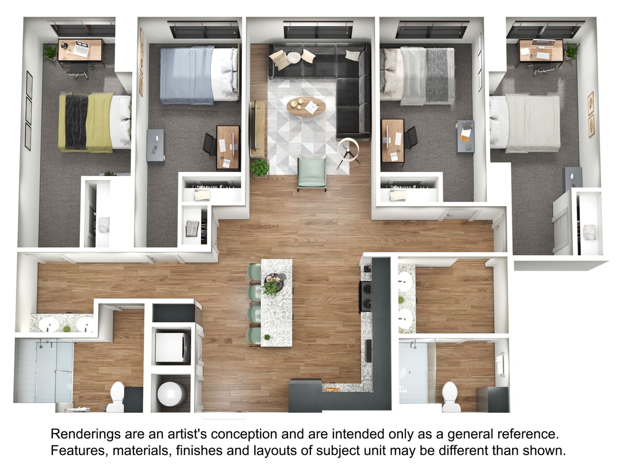 A 3D image of the 4BR/2BA – D1 floorplan, a 1403 squarefoot, 4 bed / 2 bath unit