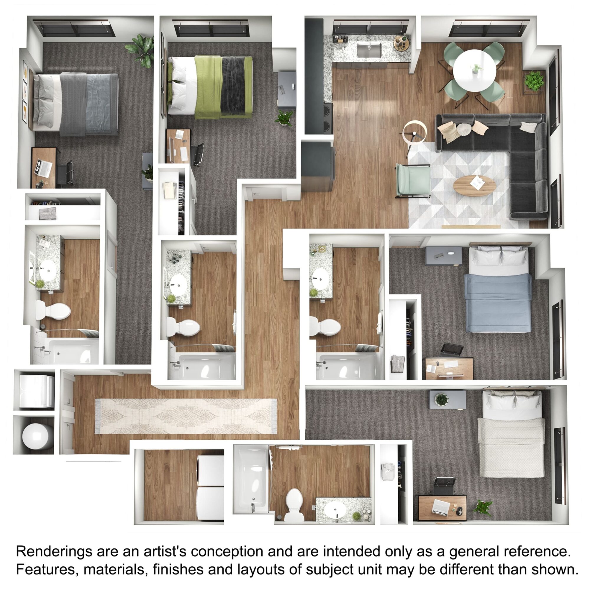 A 3D image of the 4BR/4BA – D2 floorplan, a 1525 squarefoot, 4 bed / 4 bath unit