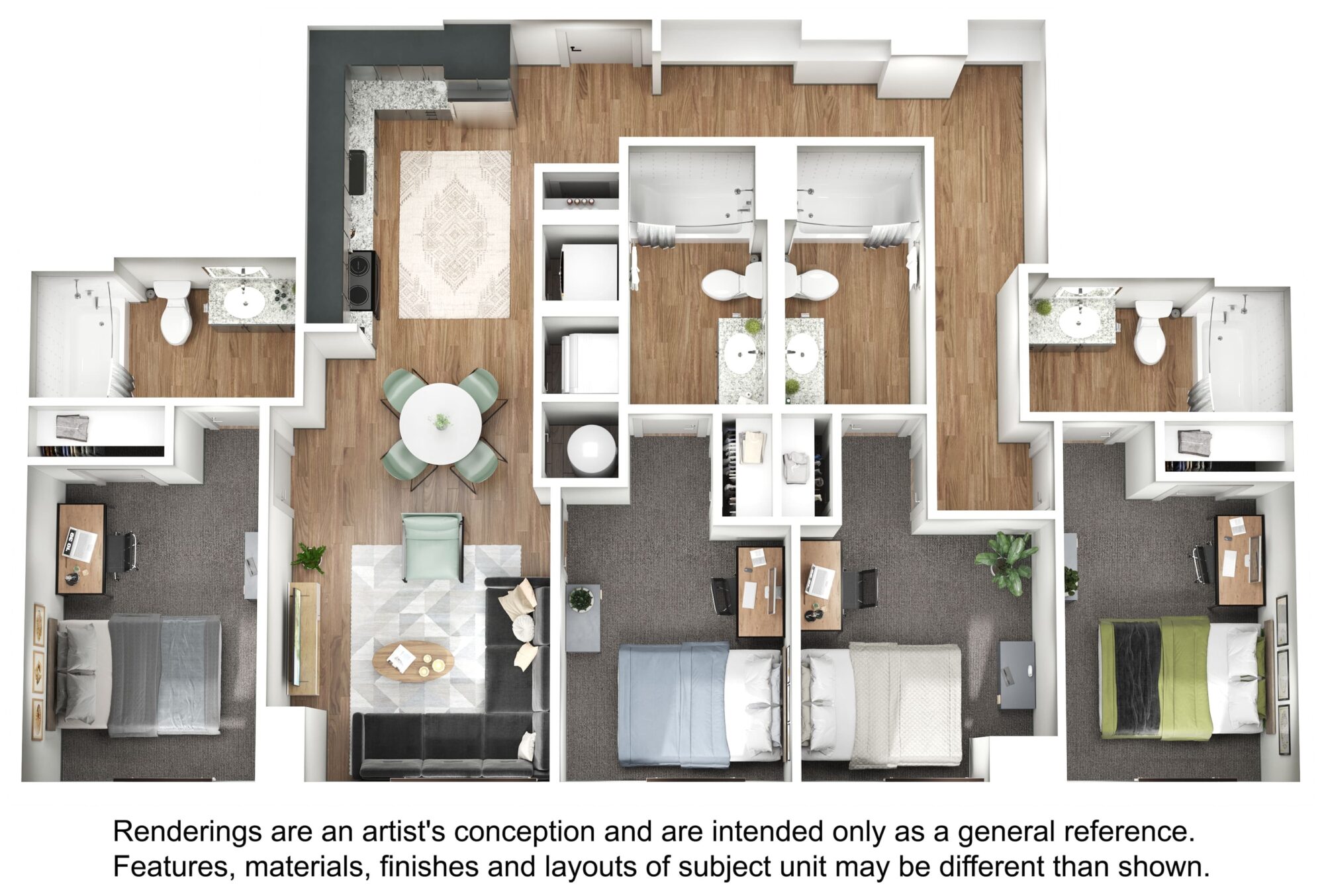 A 3D image of the 4BR/4BA – D3 floorplan, a 1333 squarefoot, 4 bed / 4 bath unit