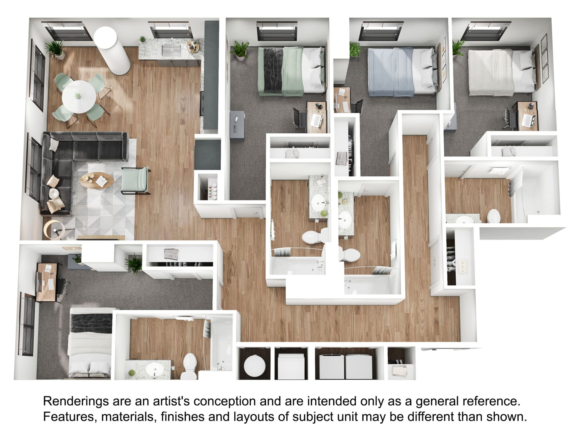 A 3D image of the 4BR/4BA – D5 floorplan, a 1550 squarefoot, 4 bed / 4 bath unit