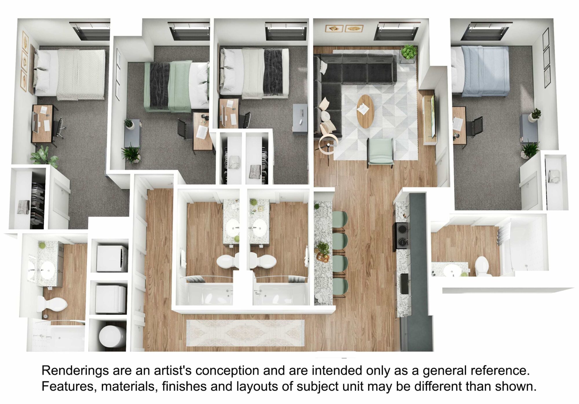 A 3D image of the 4BR/4BA – D6 floorplan, a 1442 squarefoot, 4 bed / 4 bath unit