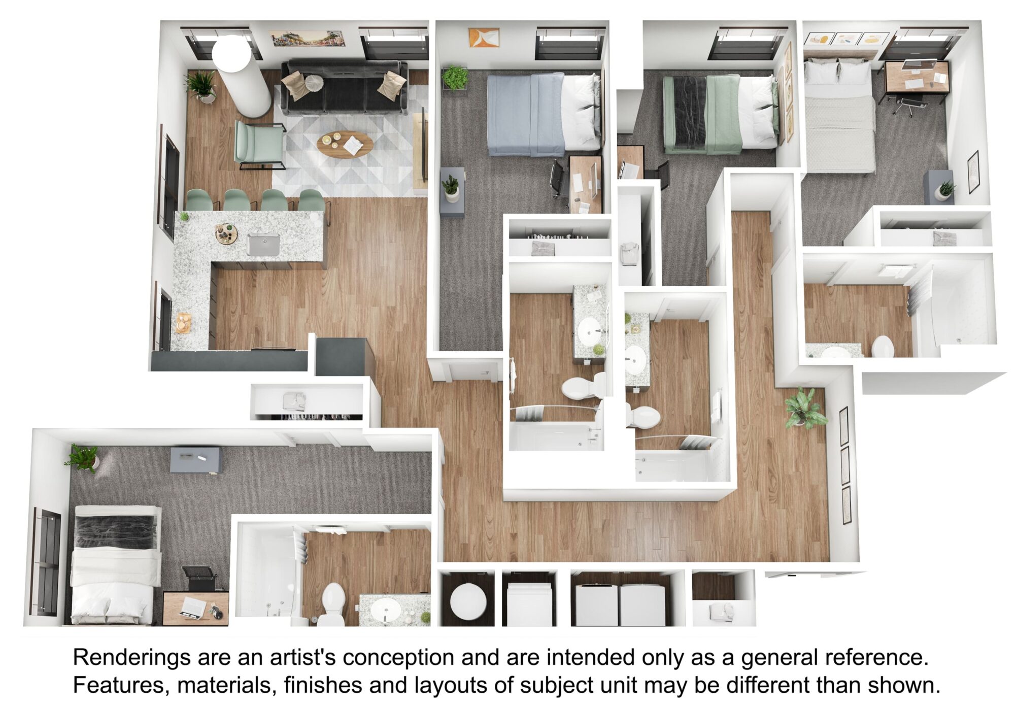 A 3D image of the 4BR/4BA – D7 floorplan, a 1520 squarefoot, 4 bed / 4 bath unit