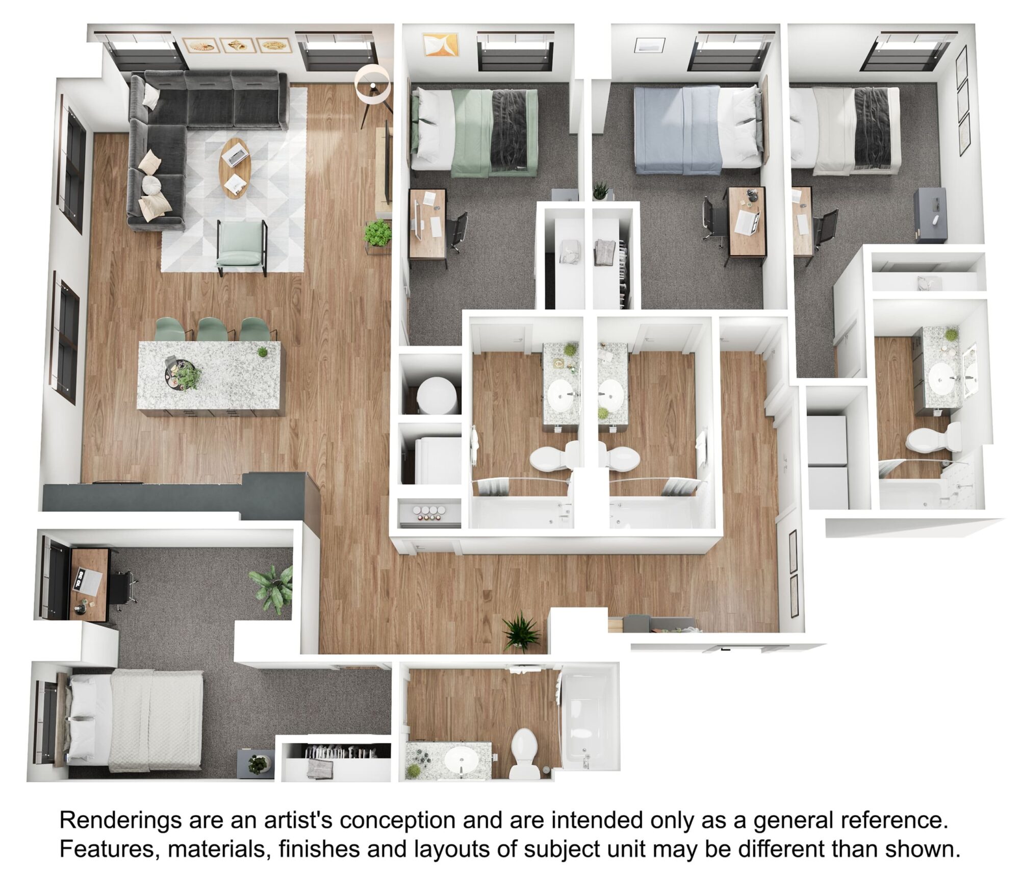 A 3D image of the 4BR/4BA – D8 floorplan, a 1616 squarefoot, 4 bed / 4 bath unit