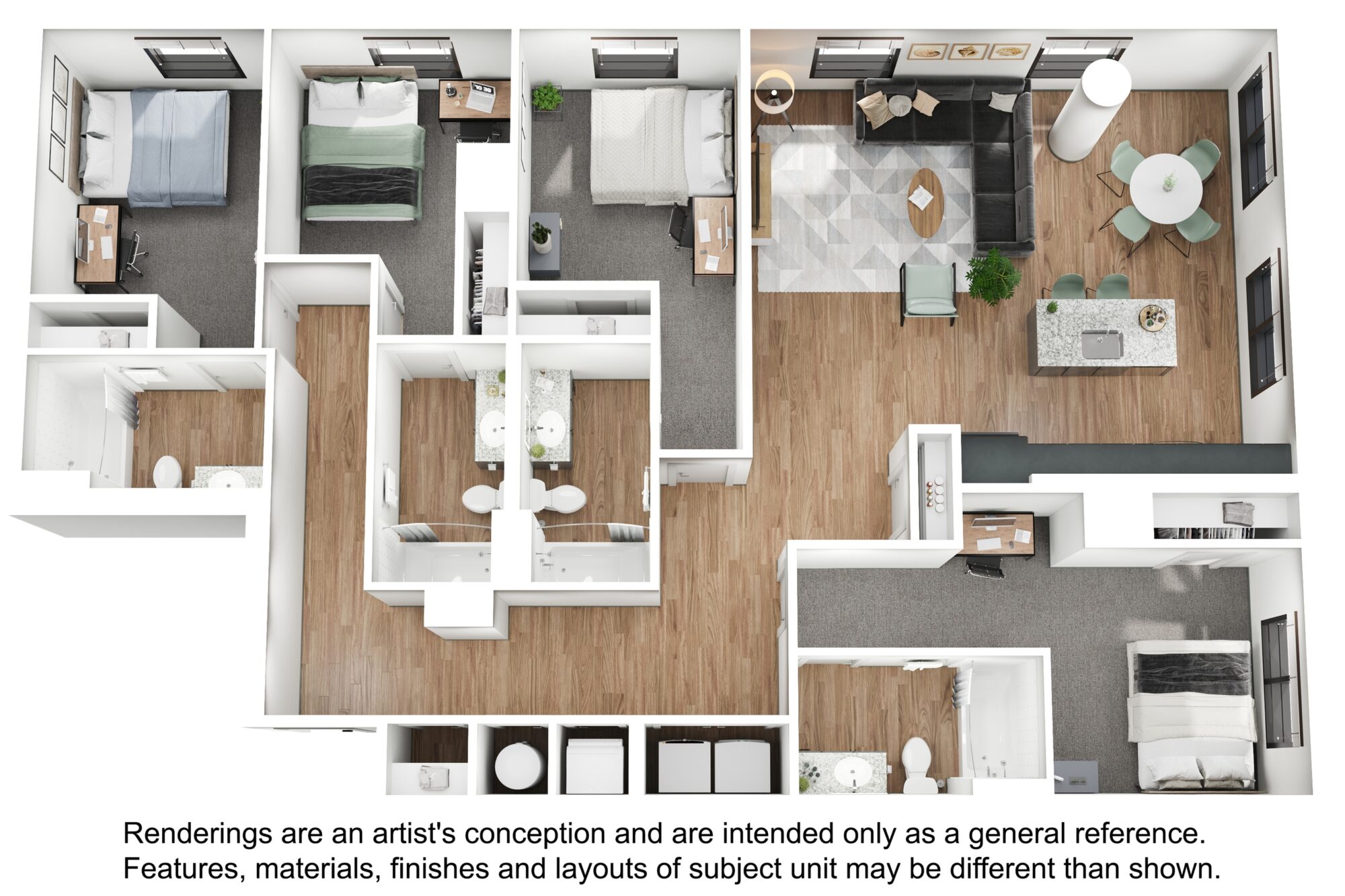 A 3D image of the 4BR/4BA – D10 floorplan, a 1715 squarefoot, 4 bed / 4 bath unit