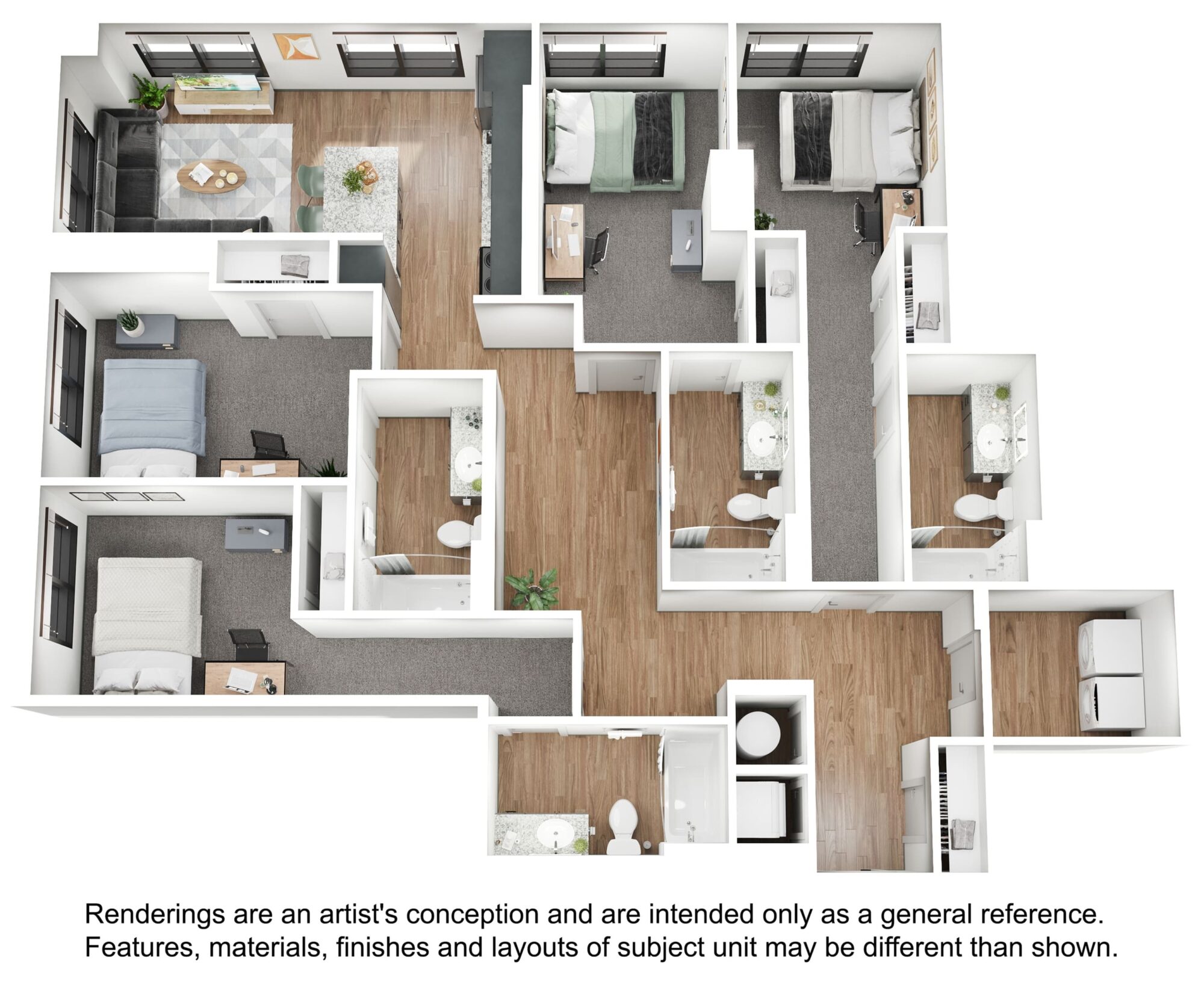 A 3D image of the 4BR/4BA – D11 floorplan, a 1532 squarefoot, 4 bed / 4 bath unit