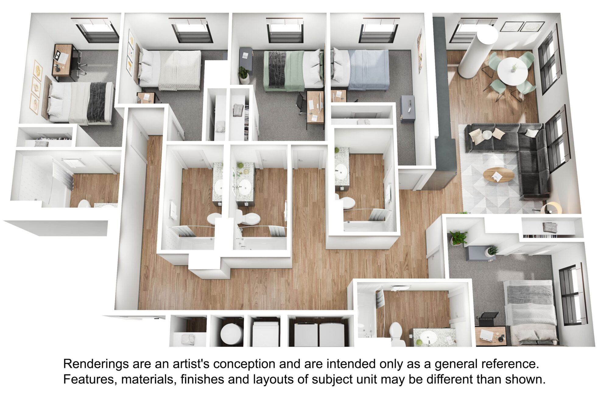 A 3D image of the 5BR/5BA – E1 floorplan, a 1715 squarefoot, 5 bed / 5 bath unit