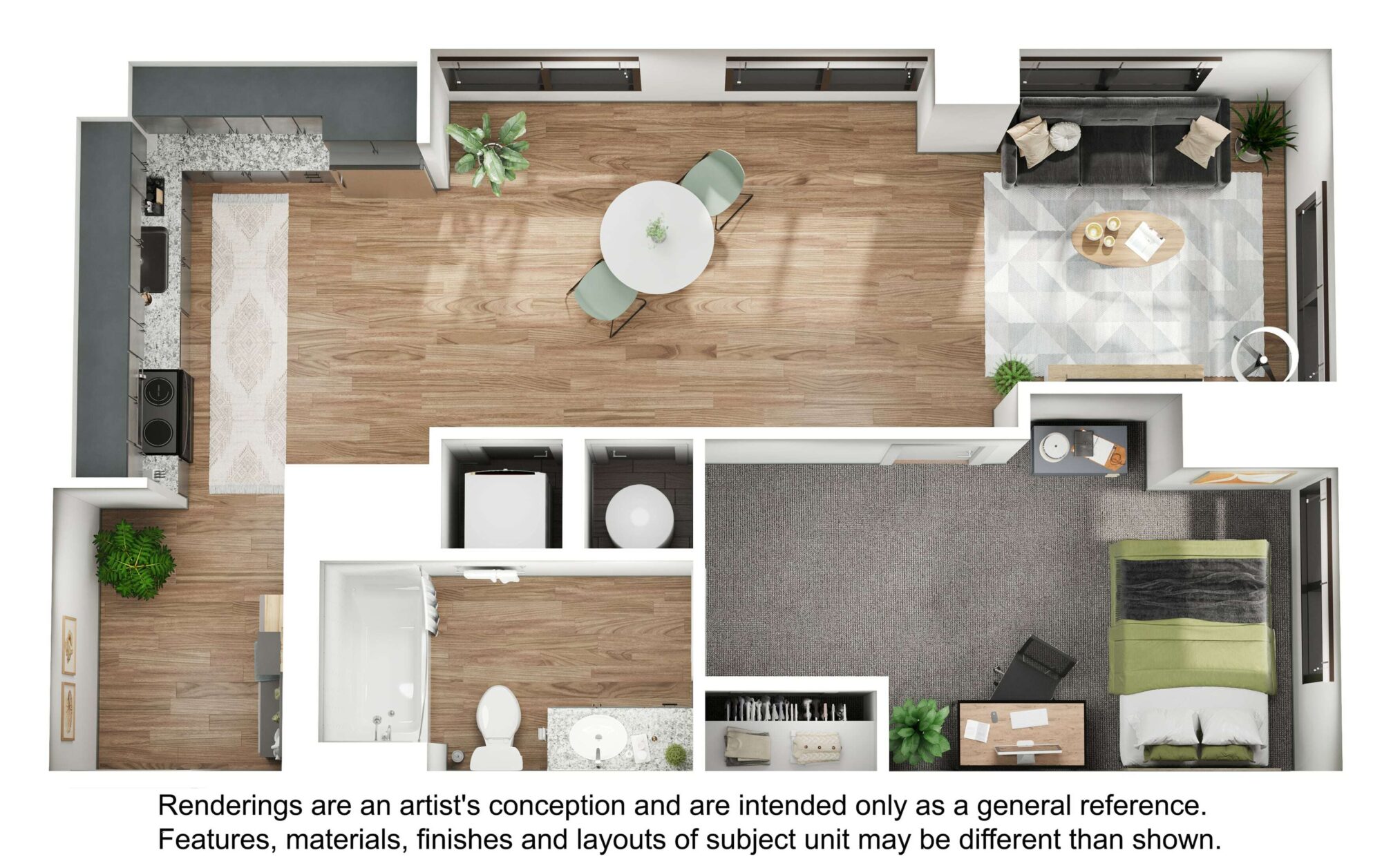 A 3D image of the 1BR/1BA – A1 floorplan, a 759 squarefoot, 1 bed / 1 bath unit