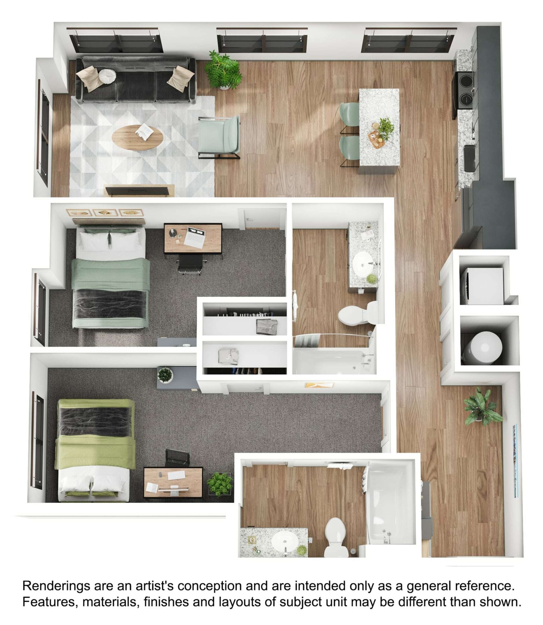 A 3D image of the 2BR/2BA – B2 floorplan, a 965 squarefoot, 2 bed / 2 bath unit