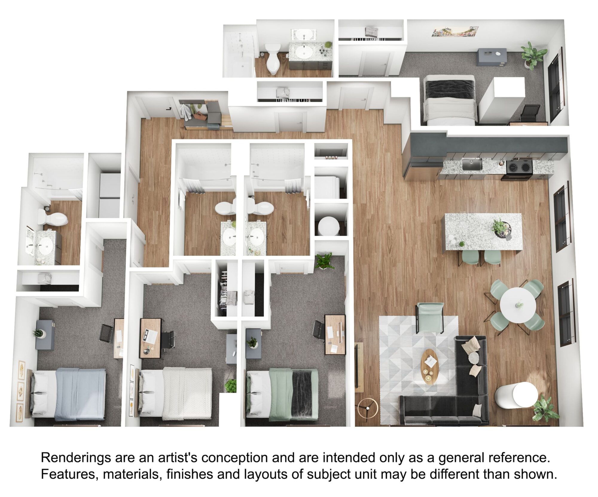 A 3D image of the 4BR/4BA – D9 floorplan, a 1710 squarefoot, 4 bed / 4 bath unit