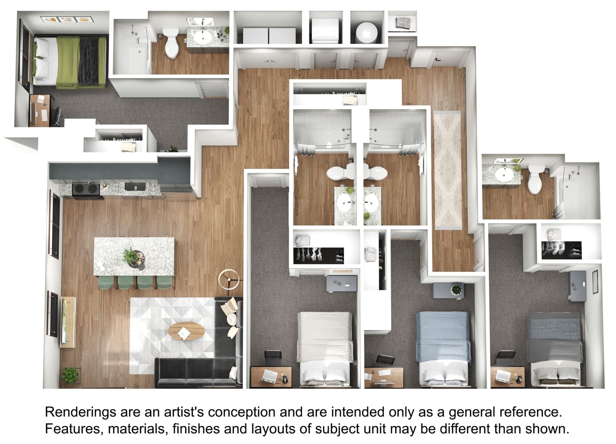 A 3D image of the 4BR/4BA – D4 floorplan, a 1546 squarefoot, 4 bed / 4 bath unit