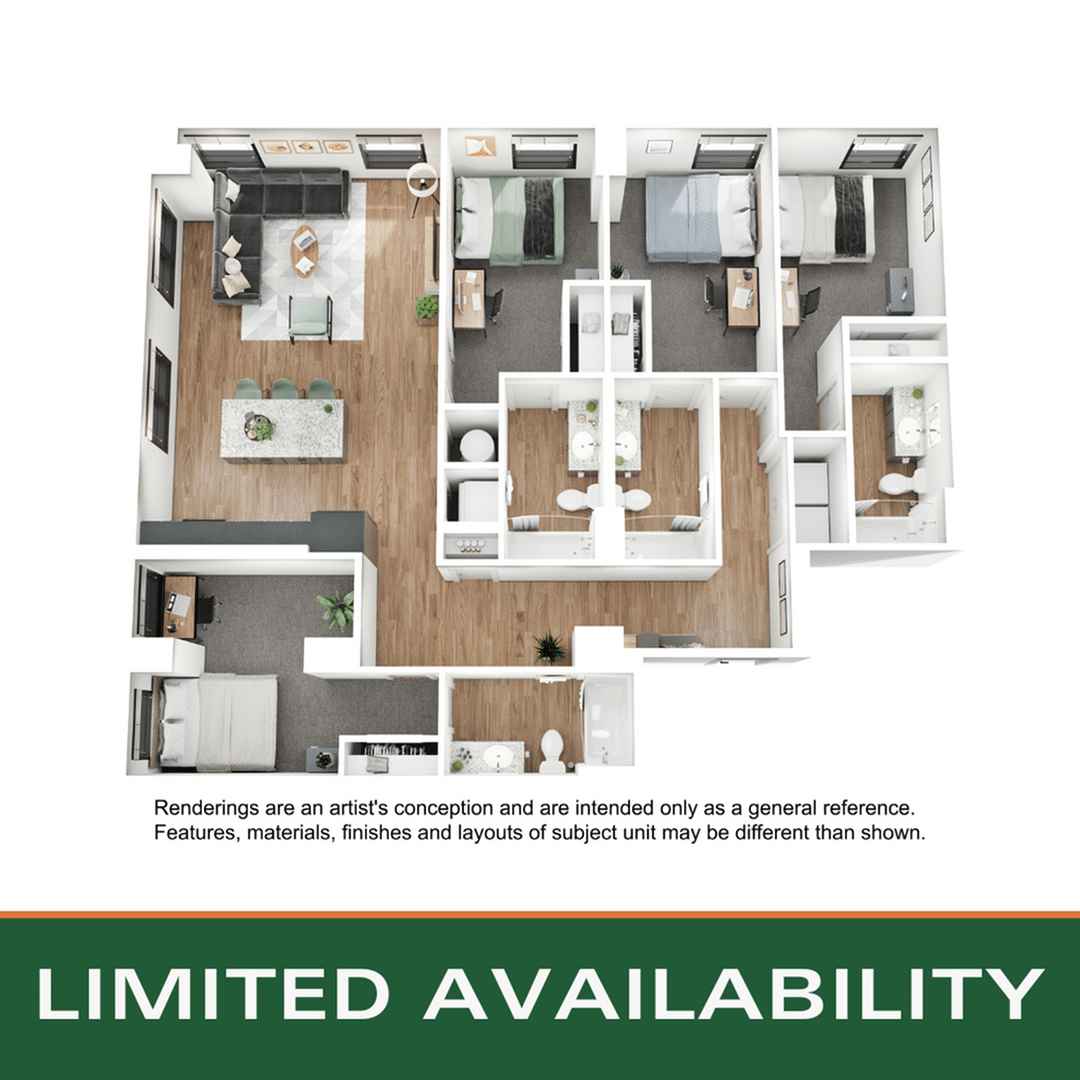 A 3D image of the 4BR/4BA – D8 floorplan, a 1616 squarefoot, 4 bed / 4 bath unit