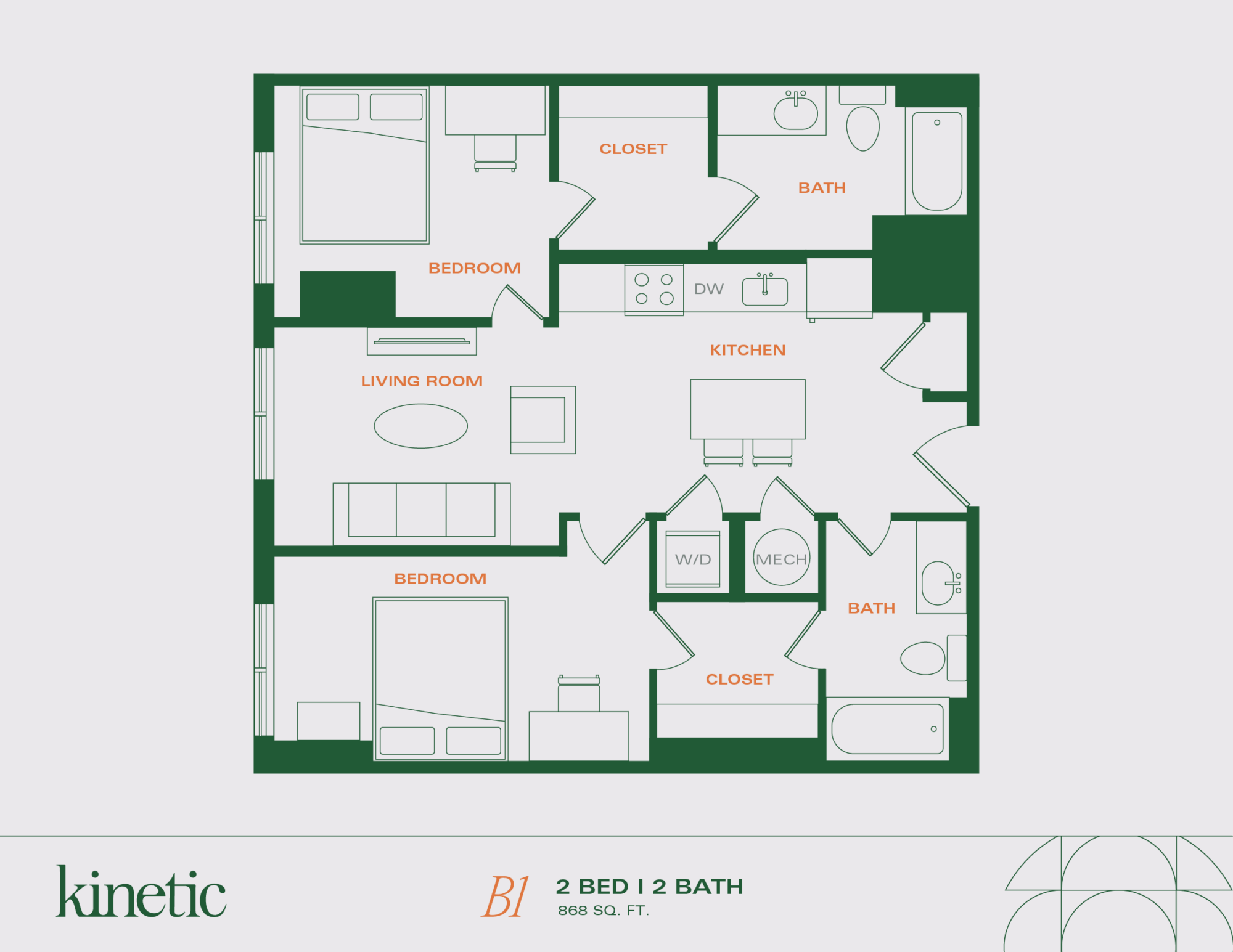 A 3D image of the 2BR/2BA – B1 floorplan, a 964 squarefoot, 2 bed / 2 bath unit