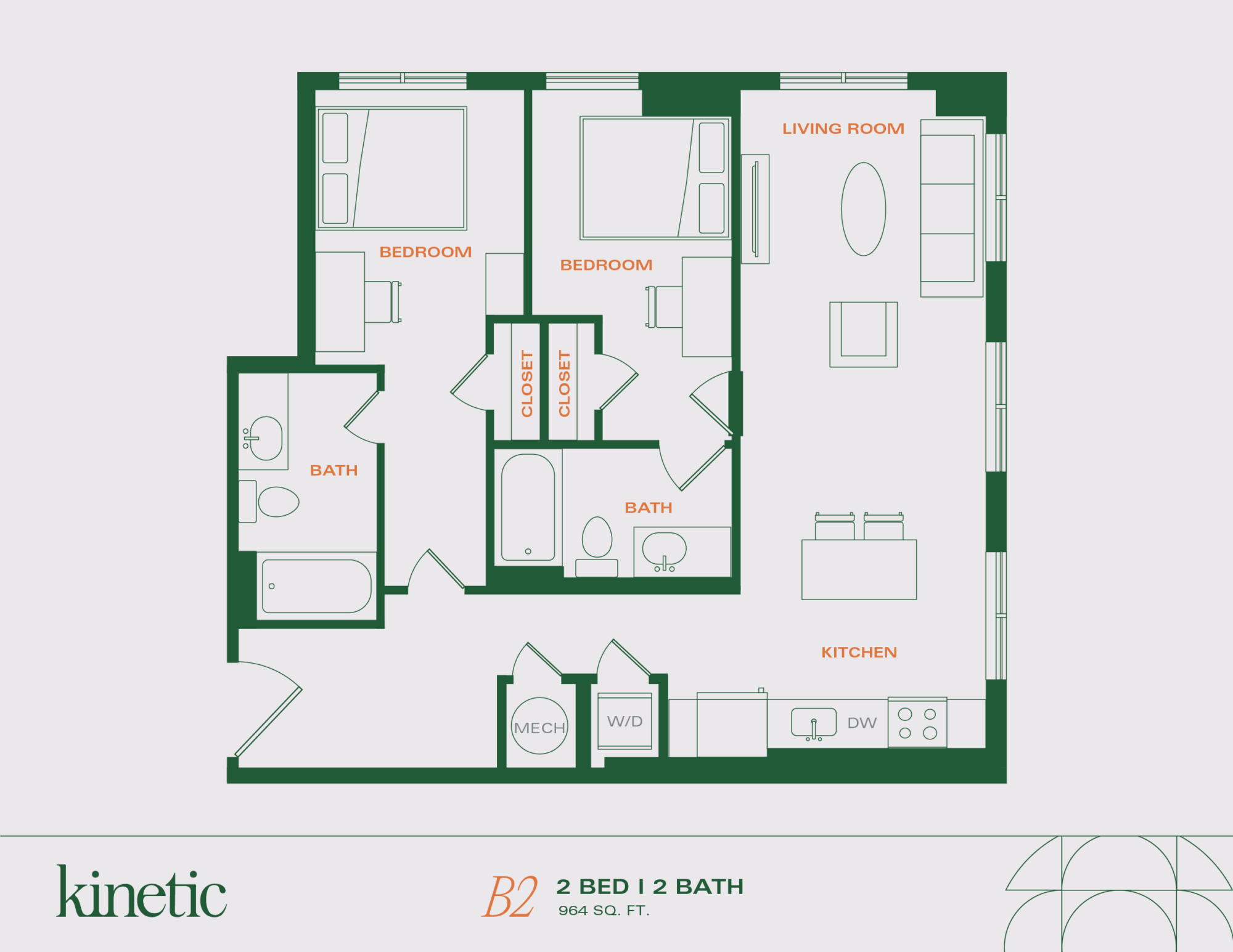 A 3D image of the 2BR/2BA – B2 floorplan, a 965 squarefoot, 2 bed / 2 bath unit