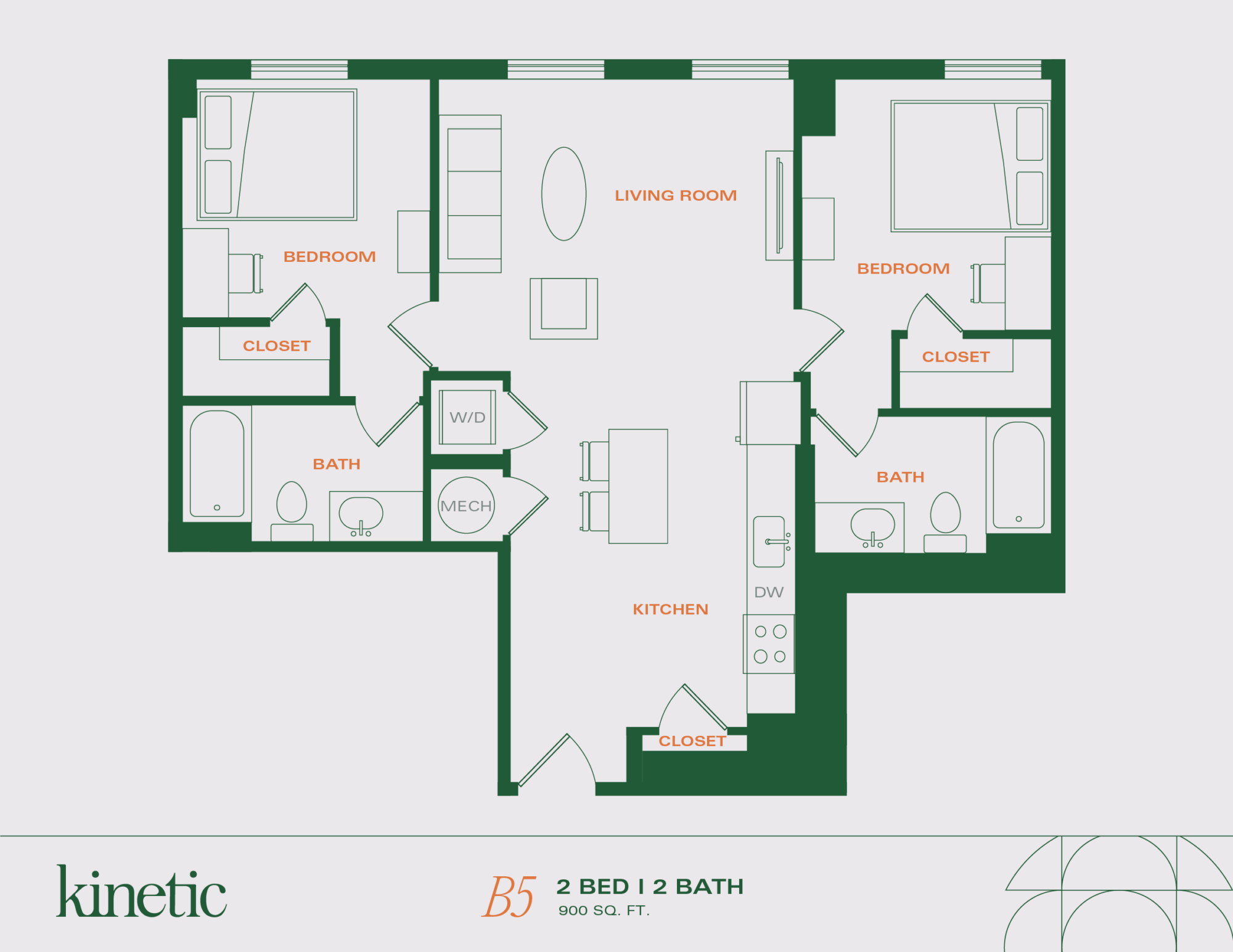 A 3D image of the 2BR/2BA – B5 floorplan, a 900 squarefoot, 2 bed / 2 bath unit