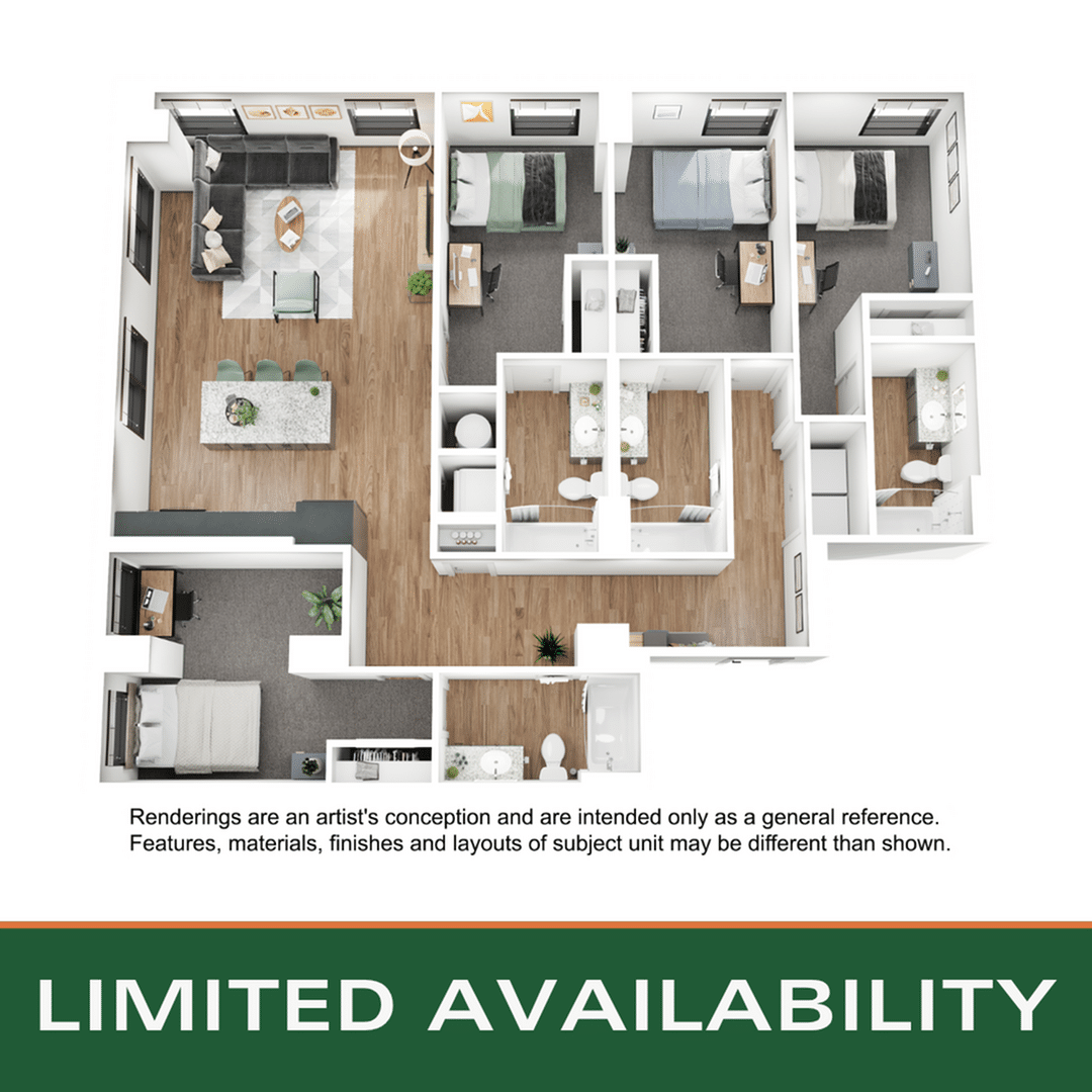 A 3D image of the 4BR/4BA – D8 floorplan, a 1616 squarefoot, 4 bed / 4 bath unit