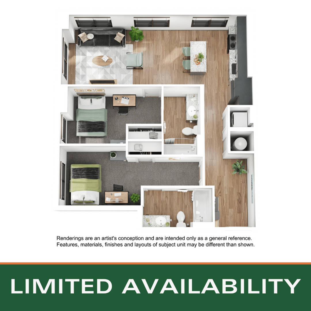 A 3D image of the 2BR/2BA – B2 floorplan, a 965 squarefoot, 2 bed / 2 bath unit