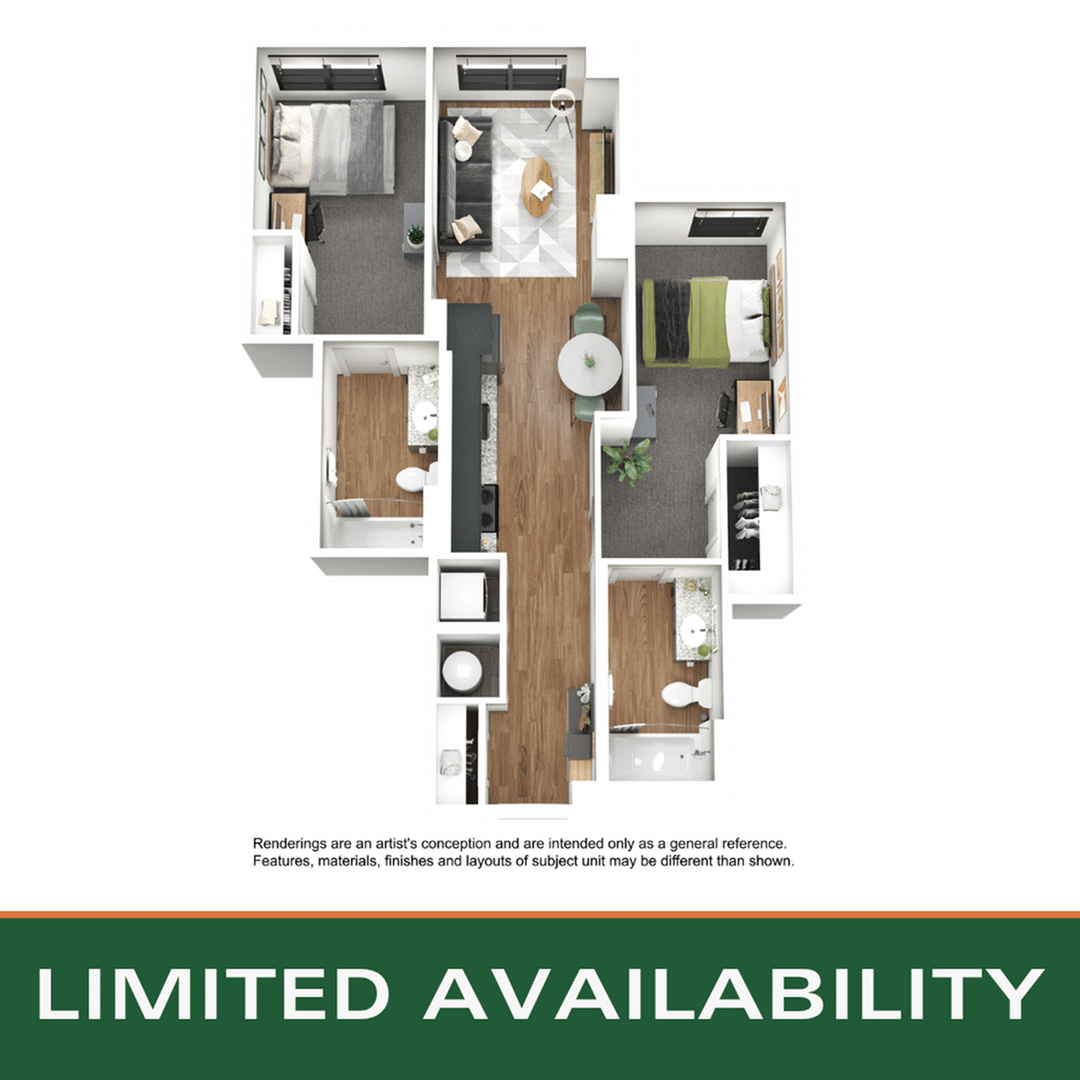 A 3D image of the 2BR/2BA – B7 floorplan, a 799 squarefoot, 2 bed / 2 bath unit