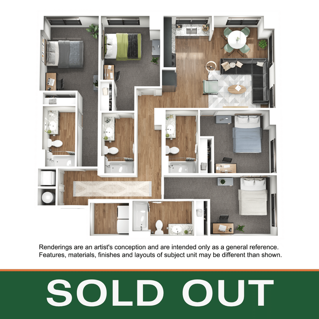 A 3D image of the 4BR/4BA – D2 floorplan, a 1525 squarefoot, 4 bed / 4 bath unit