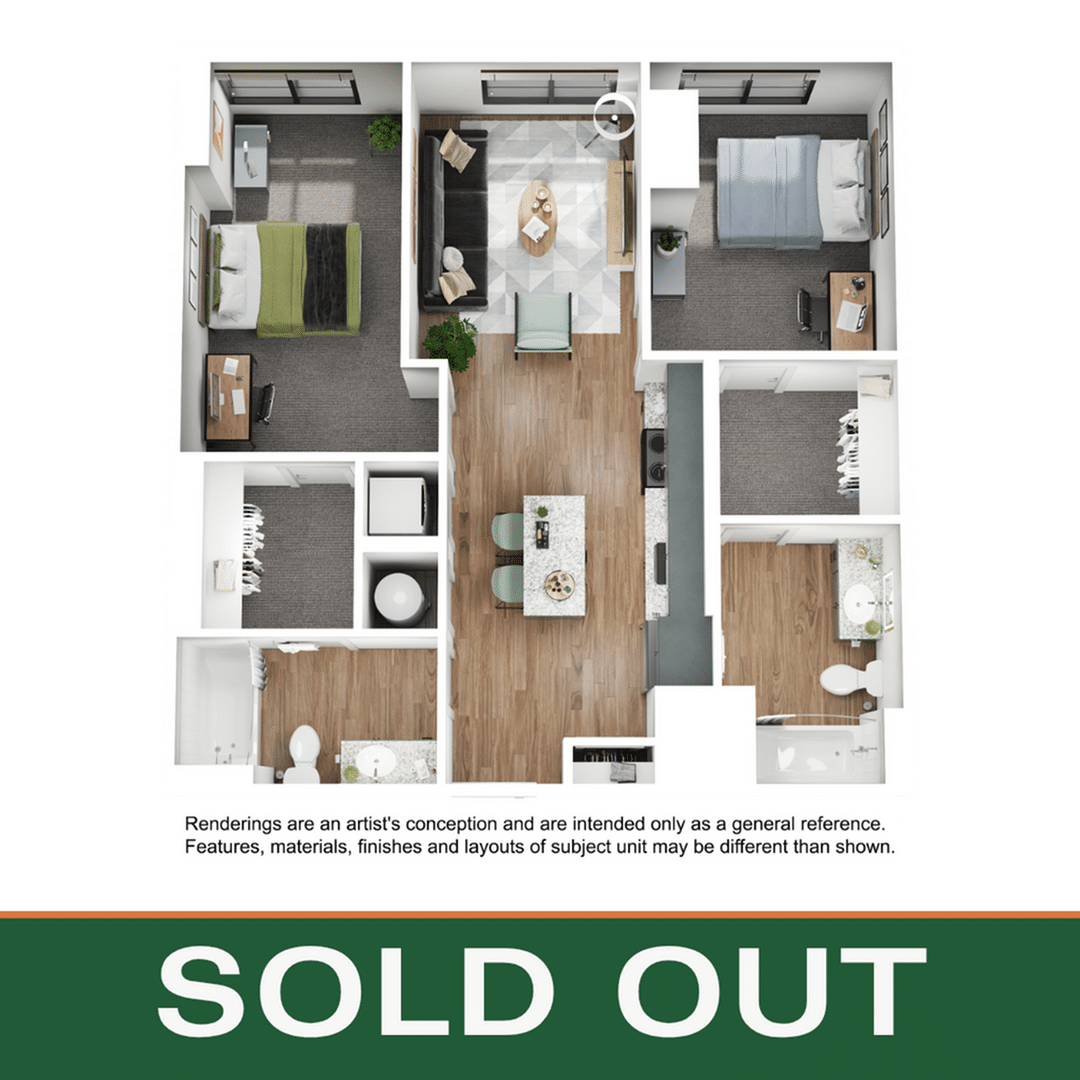 A 3D image of the 2BR/2BA – B1 floorplan, a 964 squarefoot, 2 bed / 2 bath unit