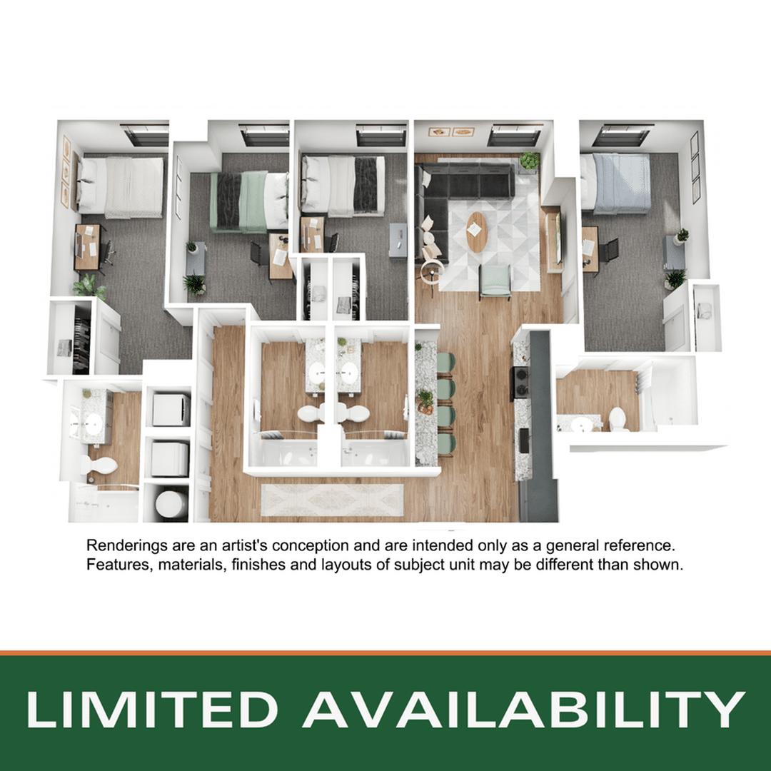 A 3D image of the 4BR/4BA – D6 floorplan, a 1442 squarefoot, 4 bed / 4 bath unit