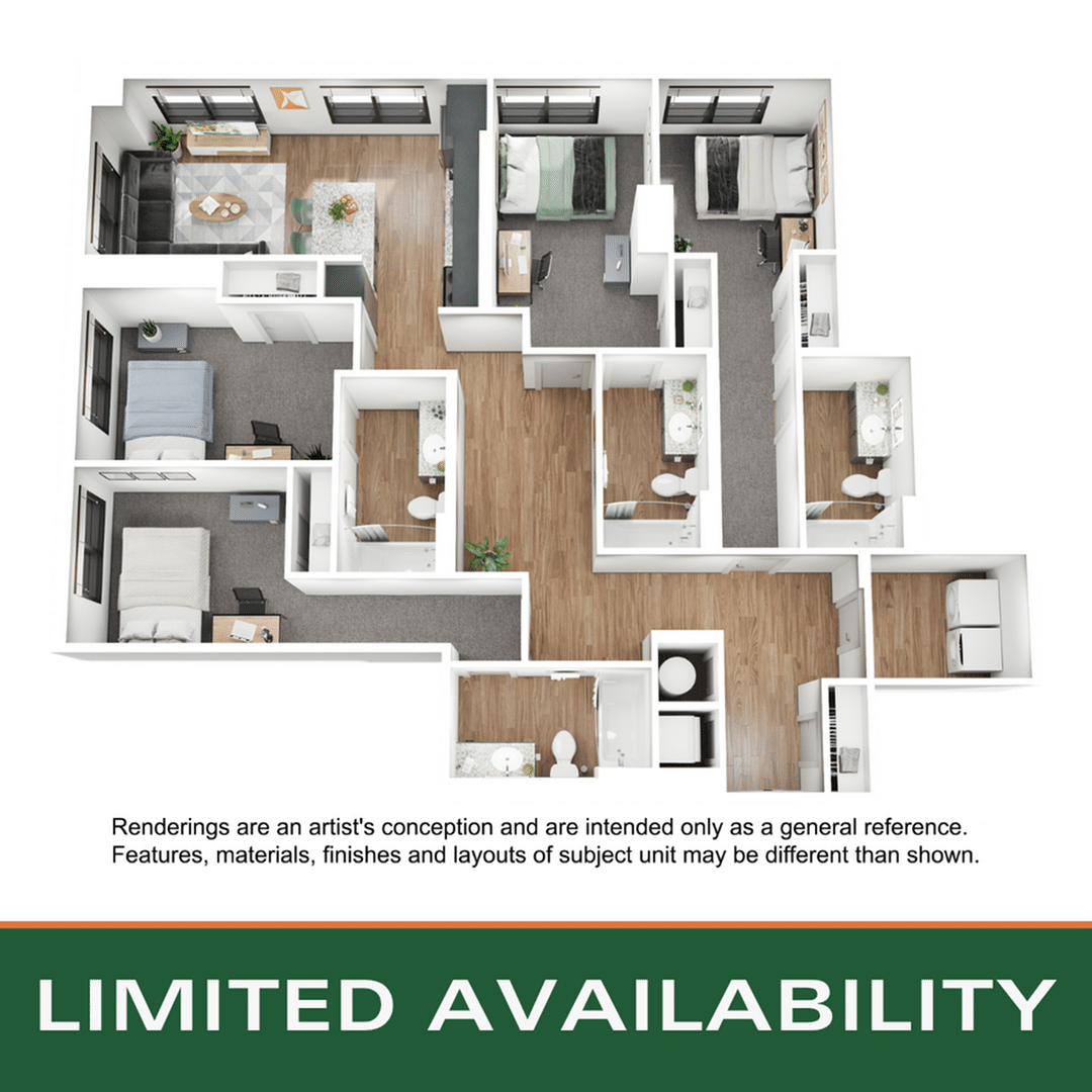 A 3D image of the 4BR/4BA – D11 floorplan, a 1532 squarefoot, 4 bed / 4 bath unit