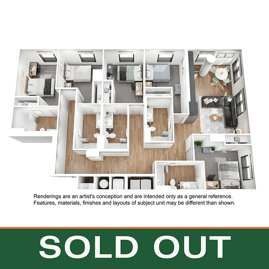 A 3D image of the 5BR/5BA – E1 floorplan, a 1715 squarefoot, 5 bed / 5 bath unit