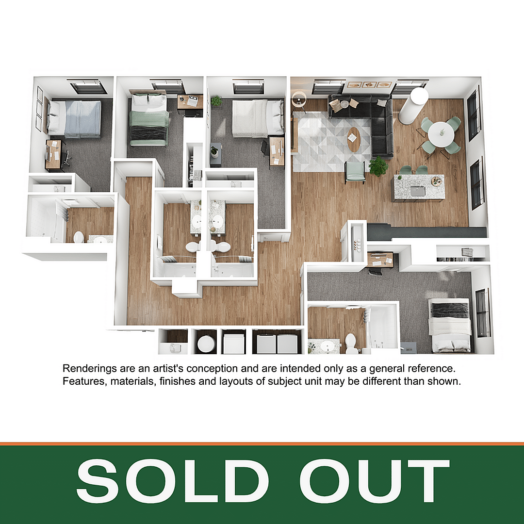 A 3D image of the 4BR/4BA – D10 floorplan, a 1715 squarefoot, 4 bed / 4 bath unit
