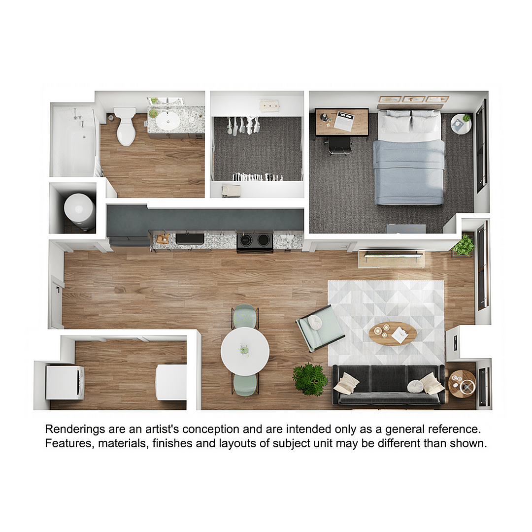 A 3D image of the 1BR/1BA – A2 floorplan, a 644 squarefoot, 1 bed / 1 bath unit