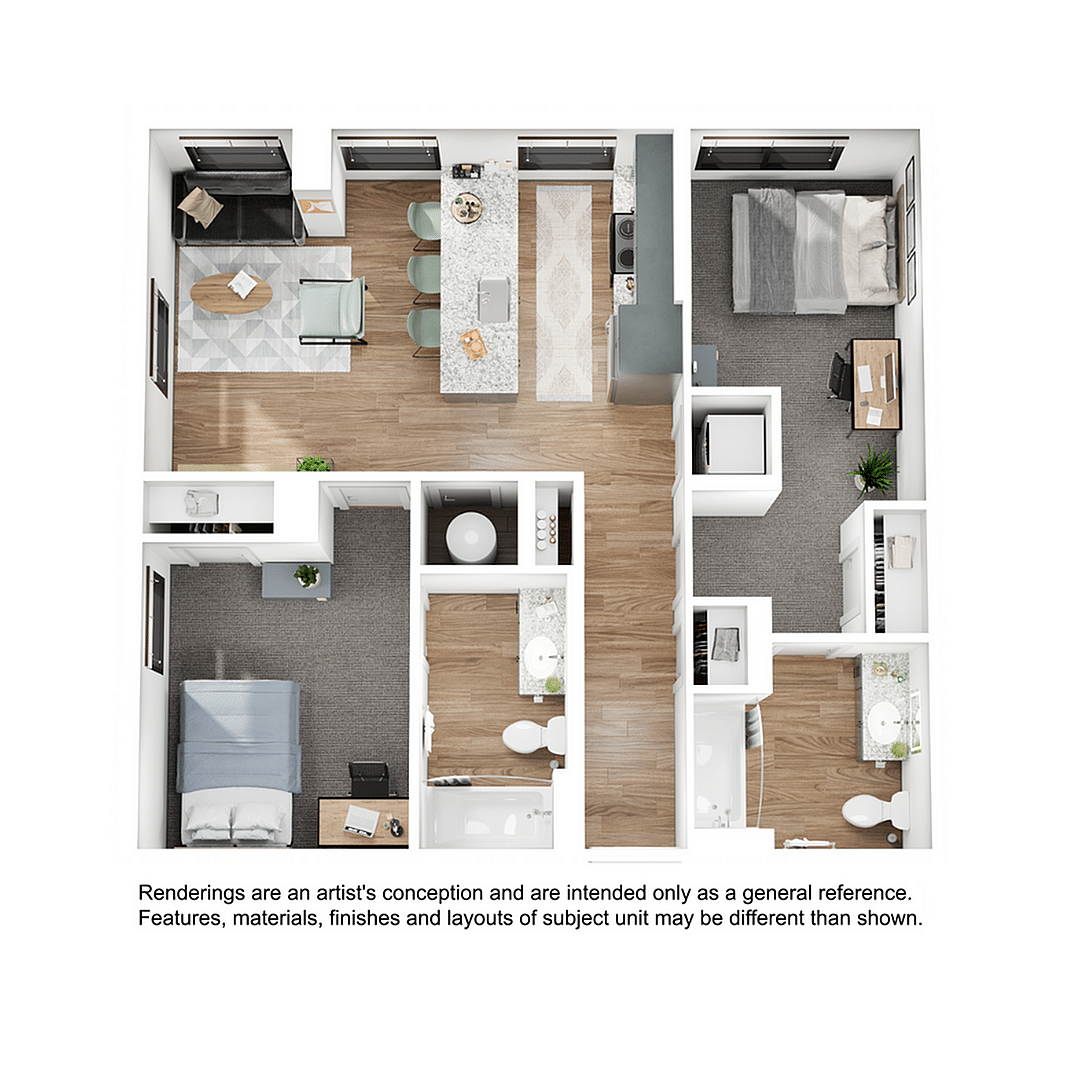A 3D image of the 2BR/2BA – B3 floorplan, a 864 squarefoot, 2 bed / 2 bath unit
