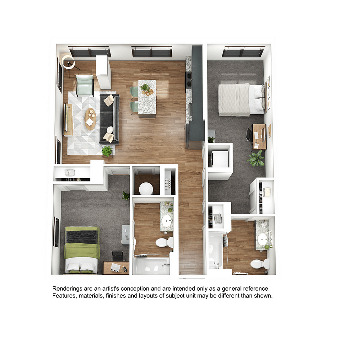 A 3D image of the 2BR/2BA – B6 floorplan, a 986 squarefoot, 2 bed / 2 bath unit