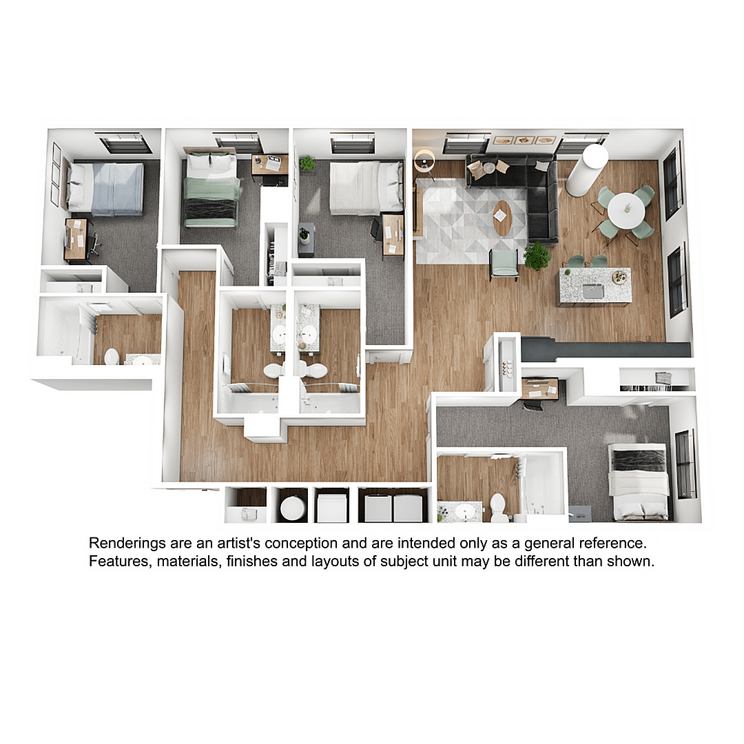 A 3D image of the 4BR/4BA – D10 floorplan, a 1715 squarefoot, 4 bed / 4 bath unit