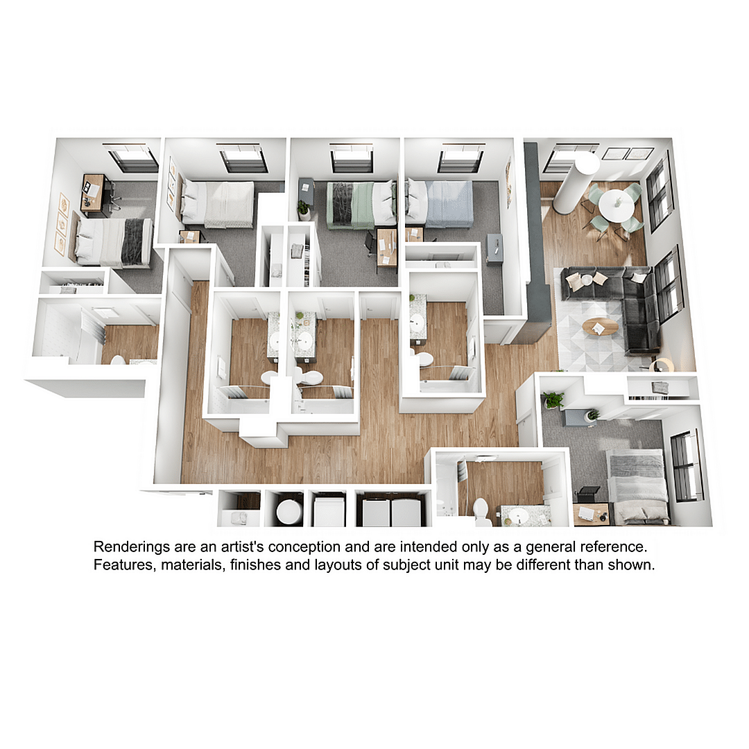 A 3D image of the 5BR/5BA – E1 floorplan, a 1715 squarefoot, 5 bed / 5 bath unit